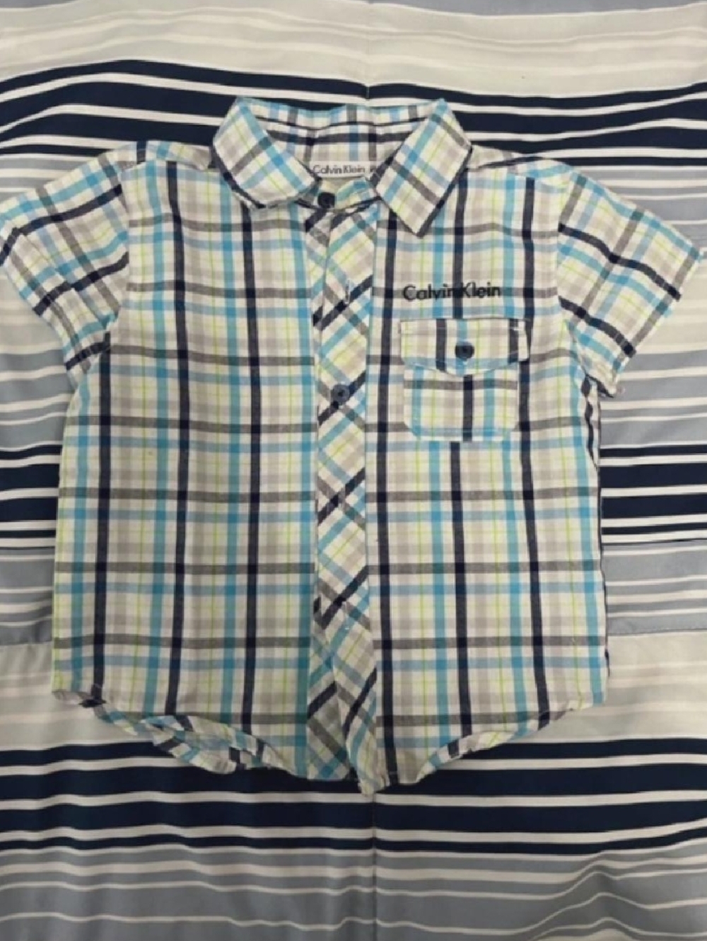 Calvin Klein Boys Plaid Short-Sleeve Button-Down in Blue & White